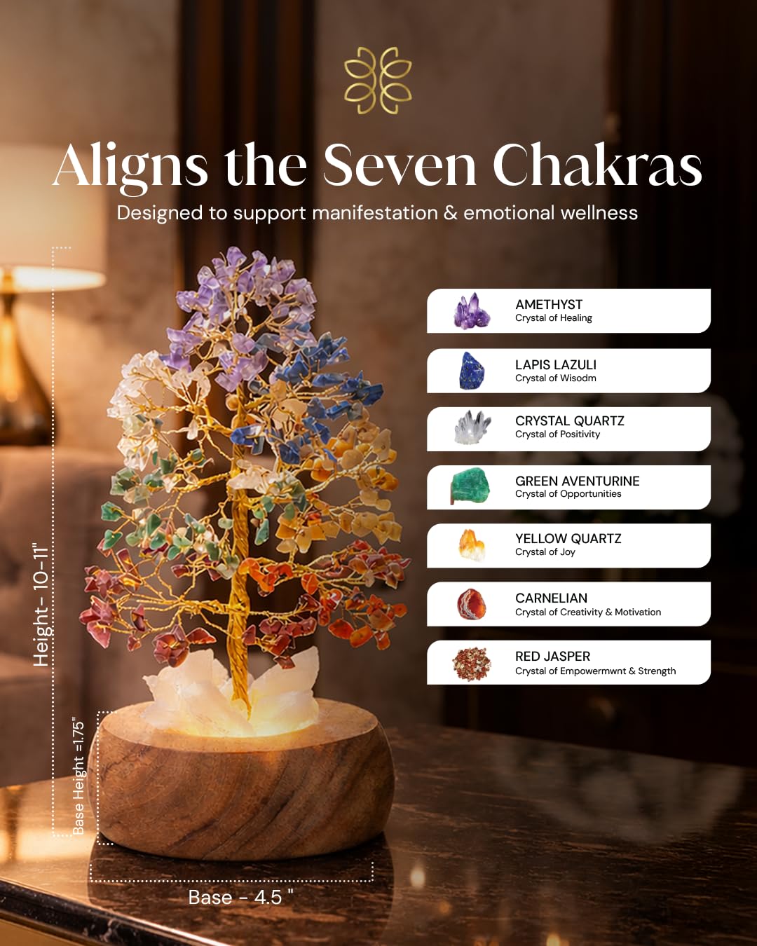 Zentiti 7 Chakra Crystal Tree of Life with LED Light, Handcrafted Gemstone Bonsai with Quartz Crystal Base & Acacia Wood Stand, Spiritual Home & Office Décor, Gift for Women,