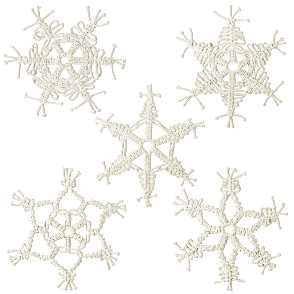 RattanView 5 Pcs Large Winter Macrame Snowflake Wall Decor - 11.8 Inch White Handmade Woven Wall Art Hanging Ornaments for Home Window Winter Party Decorations