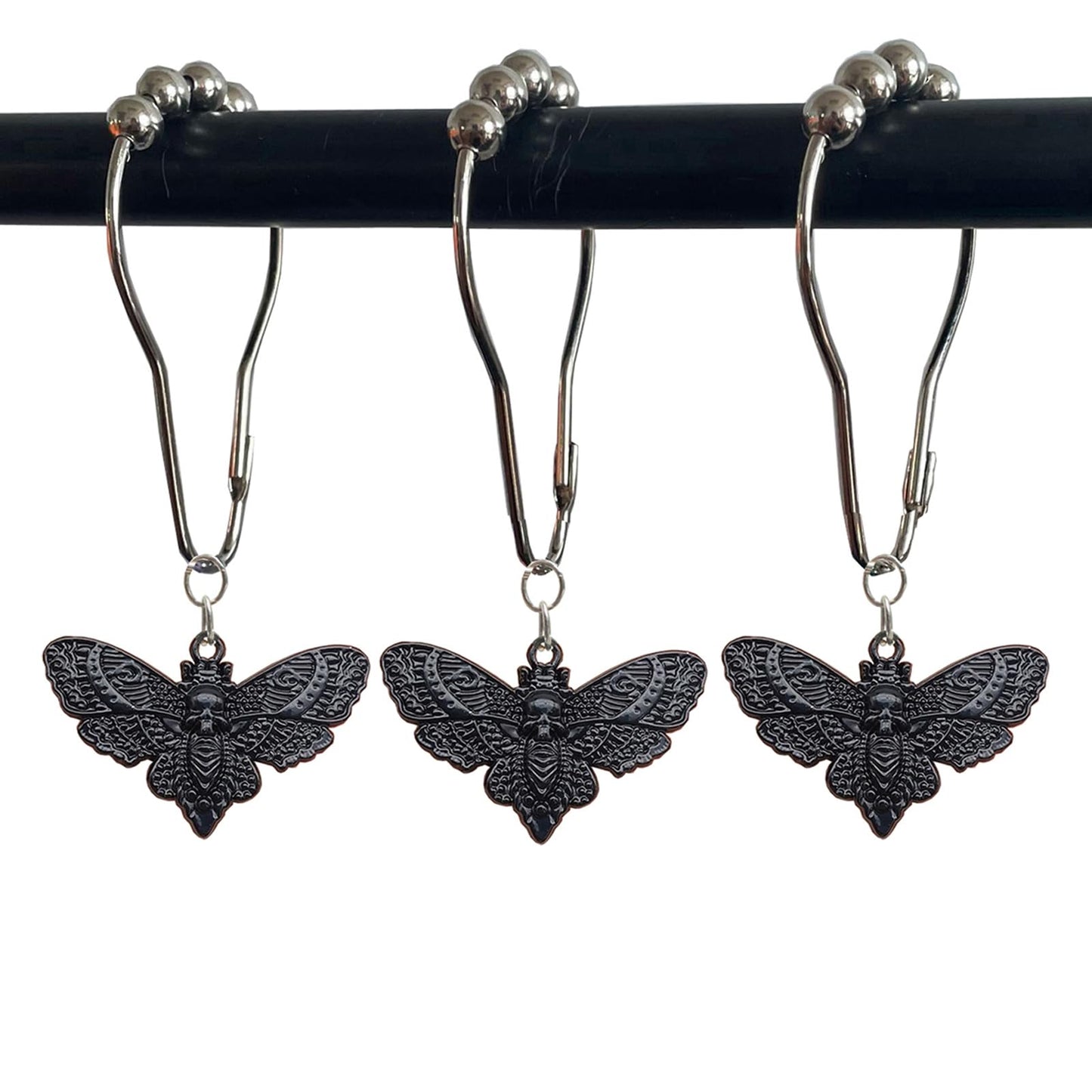 Skull Death's-Head Hawkmoth Shower Curtain Hooks Rings,12Pcs Dead Moth with Skull Face Halloween Rustproof Metal Shower Rings,Gothic Style Insect Theme Home Bathroom Decor