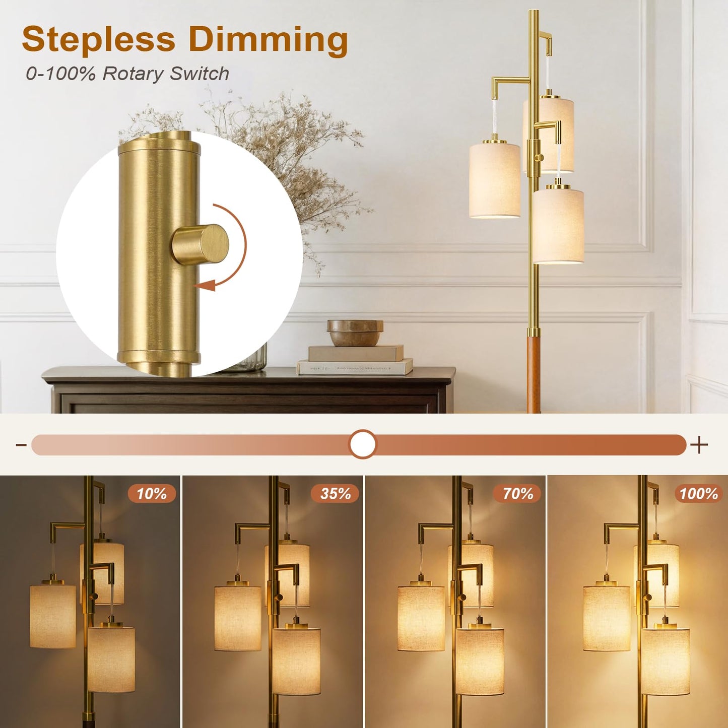G-SAFAVA 70" Wood Floor Lamp Dimmable Floor Lamps for Living Room Bedroom Mid Century Modern Floor Lamp Gold Standing Lamp Tall Lamps for Office Nursery Reading Elegant Stand Up Lamp, 3 Bulbs Included