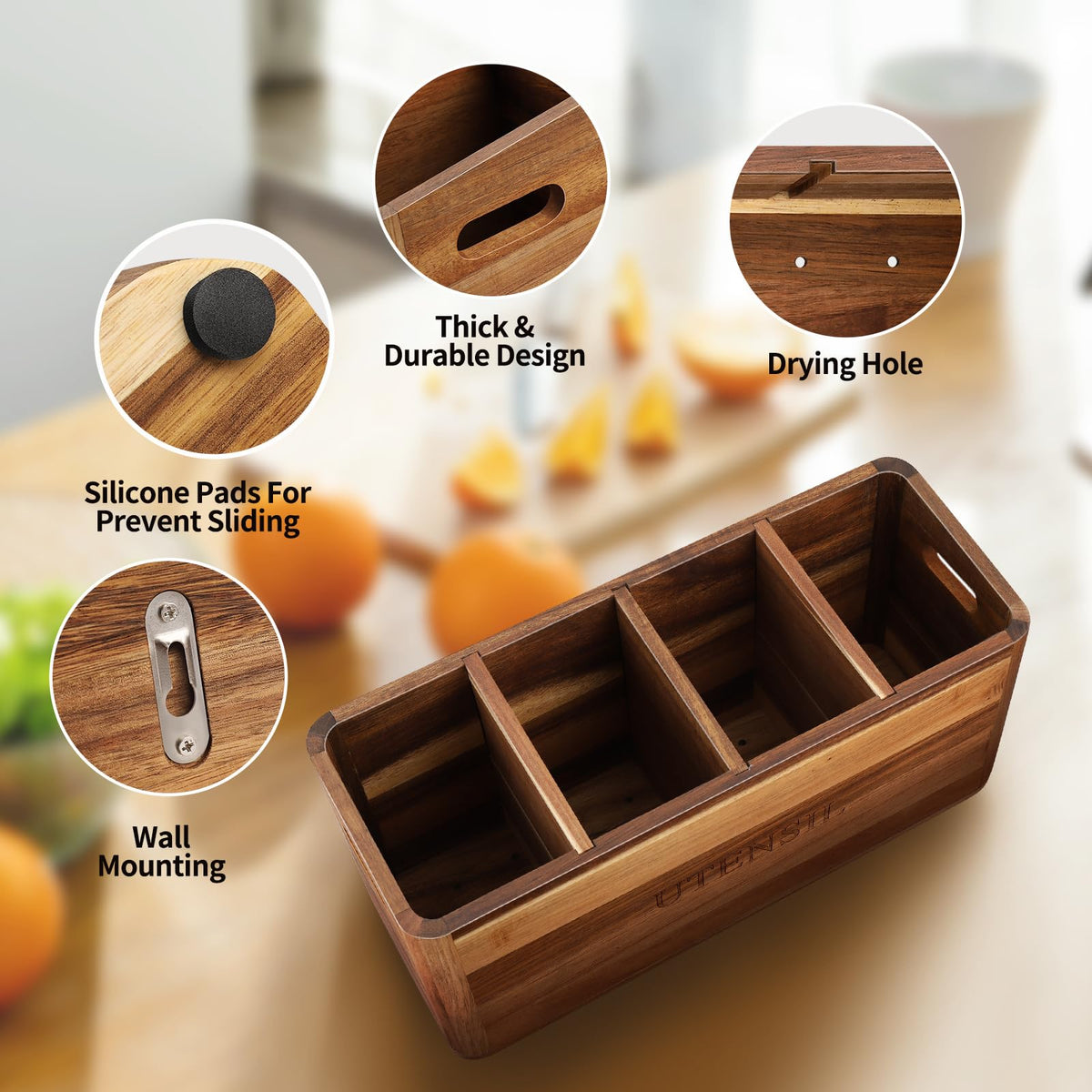 BOTOP Acacia Wood Utensil Holder for Kitchen Counter, 4 Compartment Farmhouse Heavy-Duty Flatware Caddy & Silverware Organizer - Large Kitchen Decor for Spoons, Forks, Parties, Coffee Bar & RV