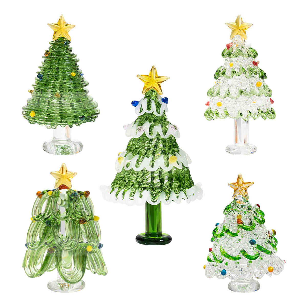 SYWAN Mini Crystal Christmas Tree Figurine Collection, Hand Blown Glass Tree Dollhouse Fairy Garden Miniature Small Winter Figurine for Xmas Party Tabletop Mantel Home Decorative Hanging Ornament