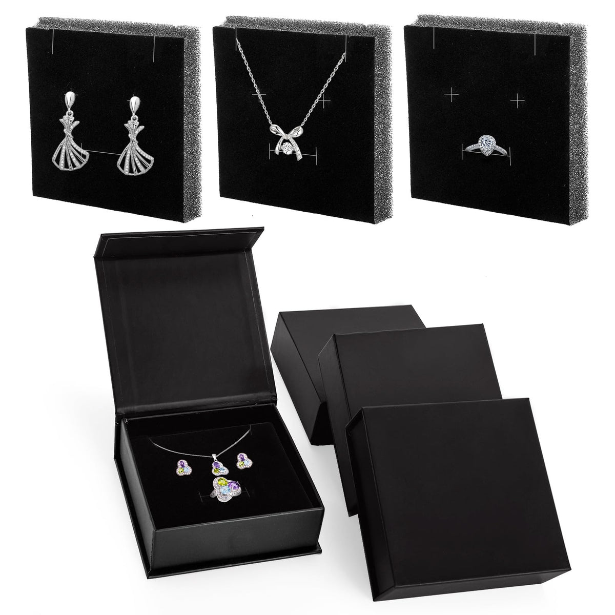 Covzoe 24 Pack Cardboard Jewelry Boxes, 3.6 x 3.6 x 1.3 Inch Small Jewelry Gift Boxes with Cotton Filled and Lid, Jewelry Storage Display Case for Necklace Earring Ring, Black