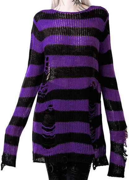 Vinsekep Women's Punk Gothic Sweater See Through Hole Ripped Striped Long Knit Pullover Dress Sweaters Shirt Black Purple Oversize OneSize