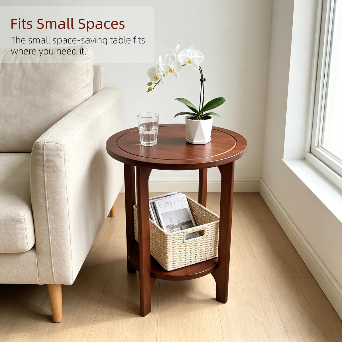 Small Round Side Table, 2-Tier Solid Wood End Table, Mid Century Modern Nightstand for Living Room, Bedroom, Easy Assembly (Walnut)