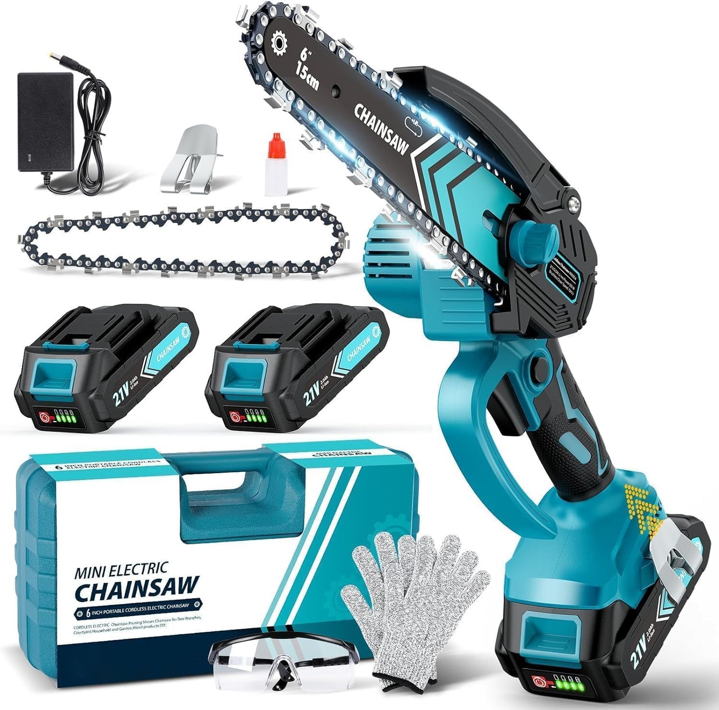8000mAh Mini Chainsaw Cordless 6 Inch, 2025 Powerful Electric Battery Life of 80-100 Minutes Chainsaw with 2 Chain and Guide Bar,Security Lock, Wood/Tree Saw for Garden Tree Trimming