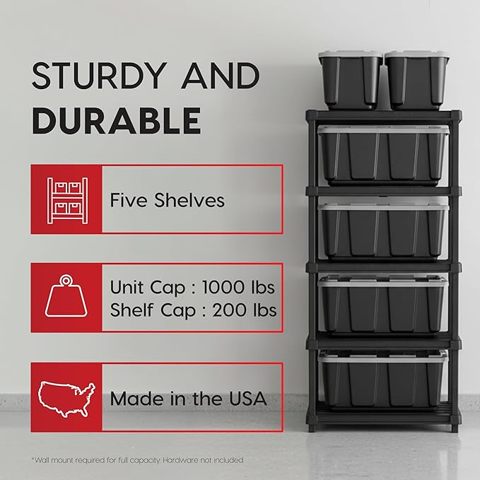 IRIS USA 5-Shelf Extra Heavy Duty Deep Plastic Storage Shelves, 1000lb Capacity, 75" H x 36" W x 24" D, Large Modular Shelving Unit Storage Organizer for Garage, Home, Warehouse & Gym, Rack - Black