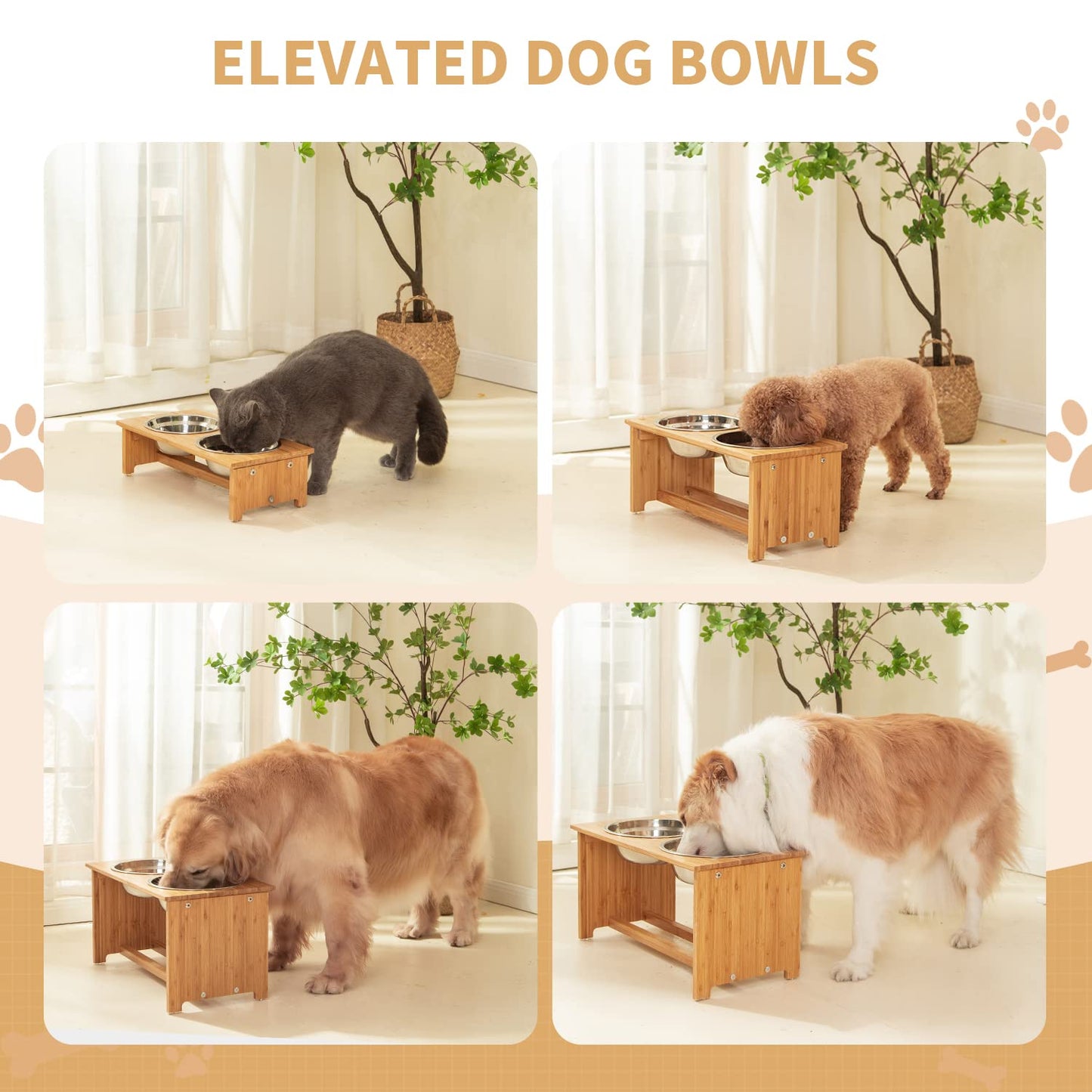 FOREYY Raised Dog Bowls for Cats and Dogs - Bamboo Elevated Dog Cat Food and Water Bowls Stands Feeder Dishes with 2 Stainless Steel Bowls and Anti Slip Feet (Small - 10 cm high)