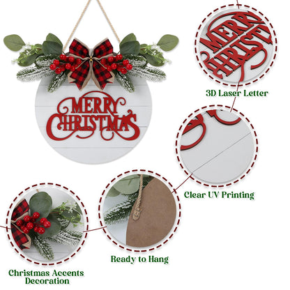 CHDITB Cute Merry Christmas Wooden Front Door Wreath(11.4”x11.4”), Farmhouse 3D Christmas Decor Hanging Sign with Red Plaid Bow Berries Mistletoe, Housewarming Gift for Xmas Winter Holiday New Year