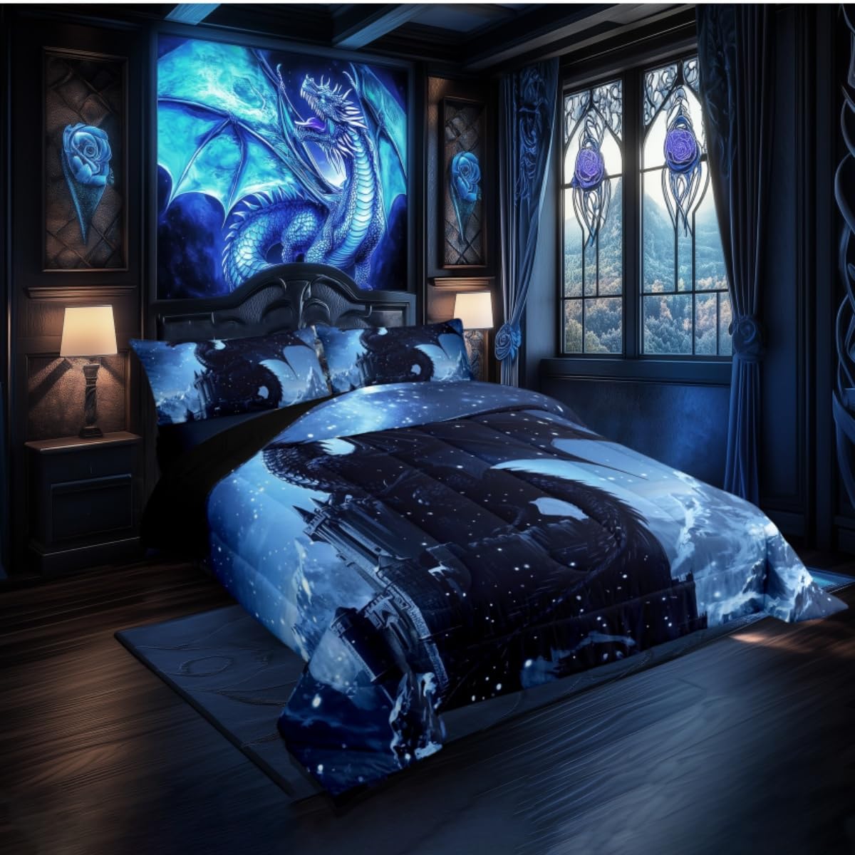 Mystery Dragon Kids Comforter Sets Toddler Size,Exotic Wildlife Castle Animals Bedding Comforter Sets,Winter Animals Heavy Snow Quilt Sets,Natural Snow Mountain Duvet Insert with 1 Pillowcase