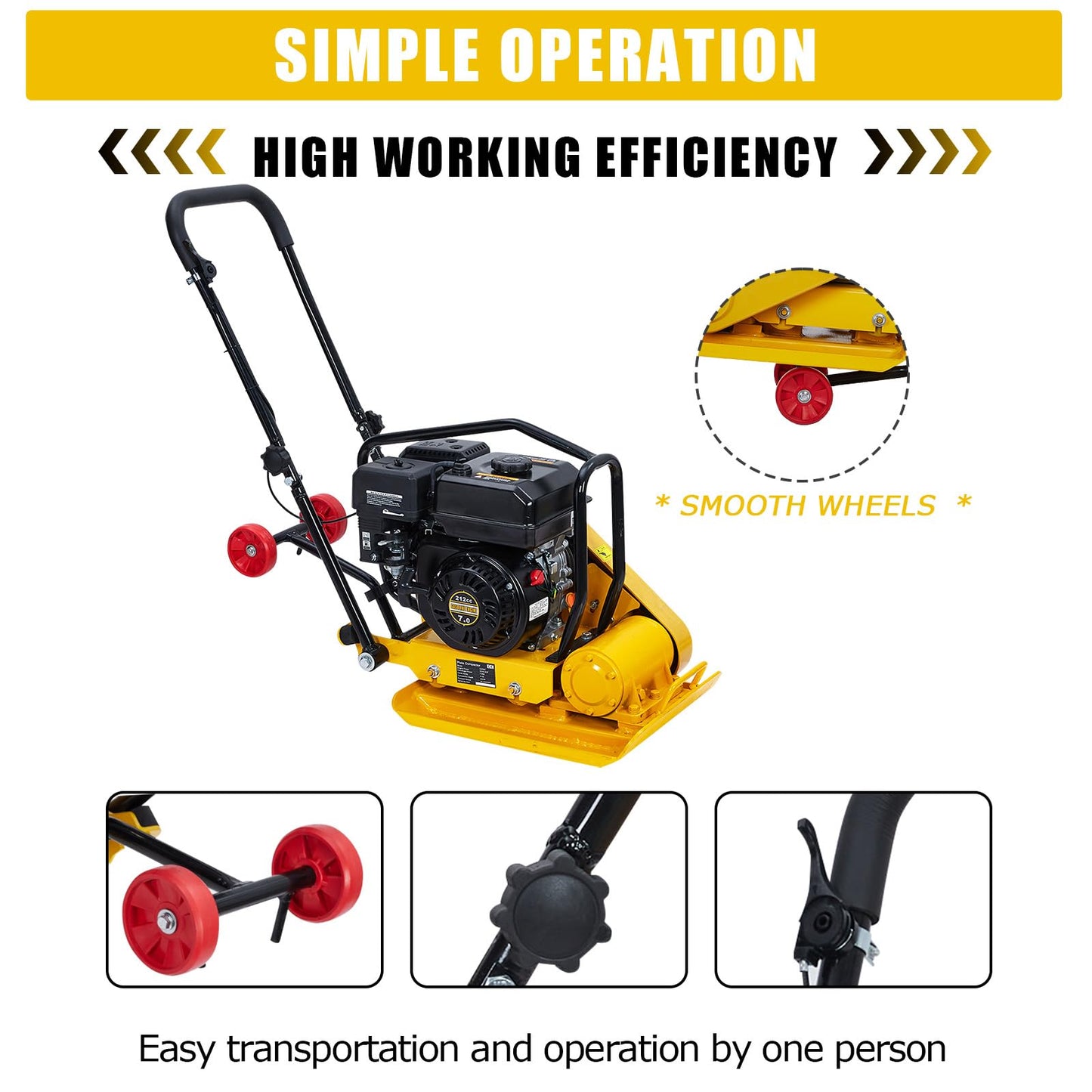 7HP Plate Compactor, 4200Lbs Force 5600VPM Powered Rammer w/ 212cc Engine, 22.1x15.9" Plate for Soil Gravel Asphalt Compaction, Professional Ground Compactors