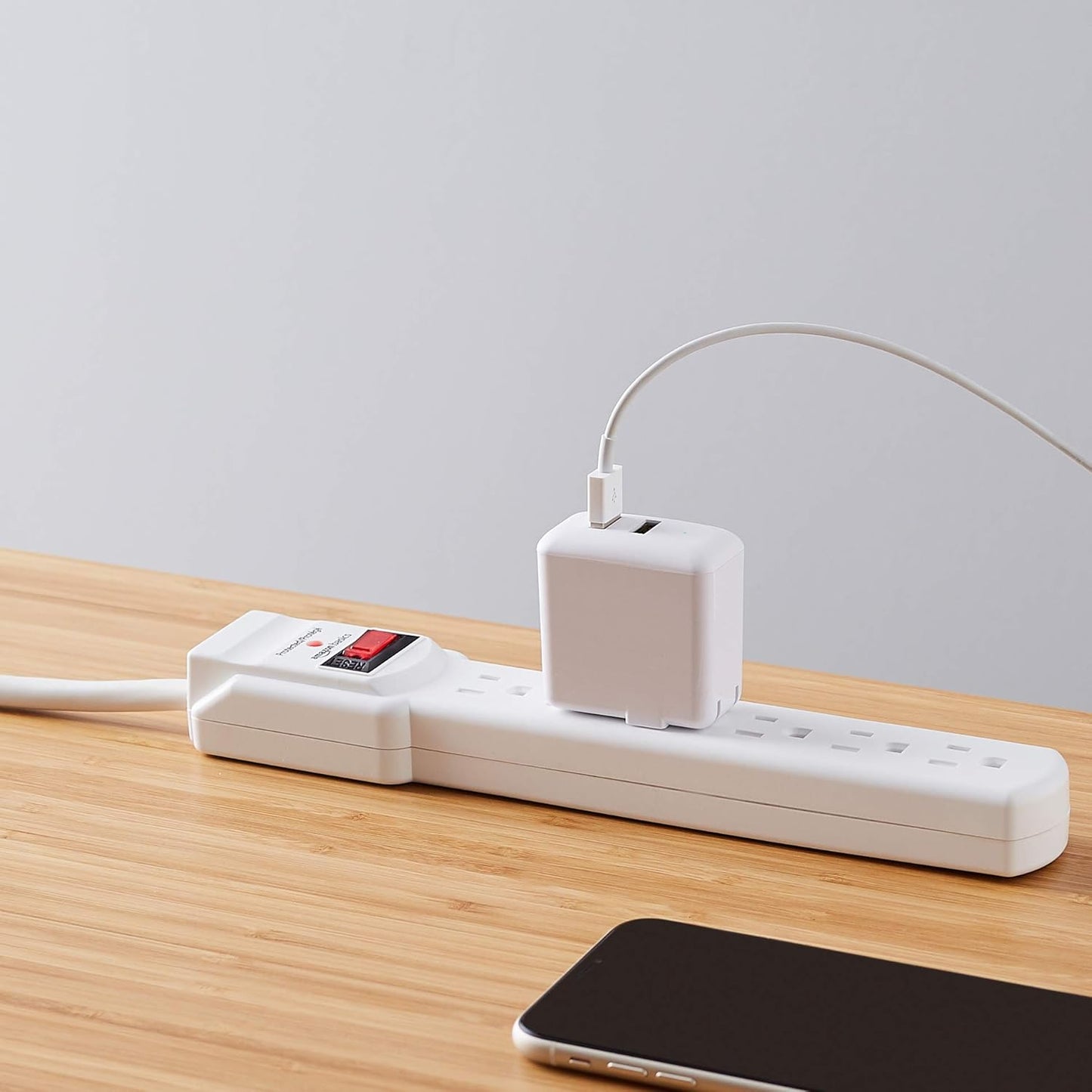 Amazon Basics Rectangle 6-Outlet, 600 Joule Surge Protector Power Strip, 2ft, Small, White, 2-Pack