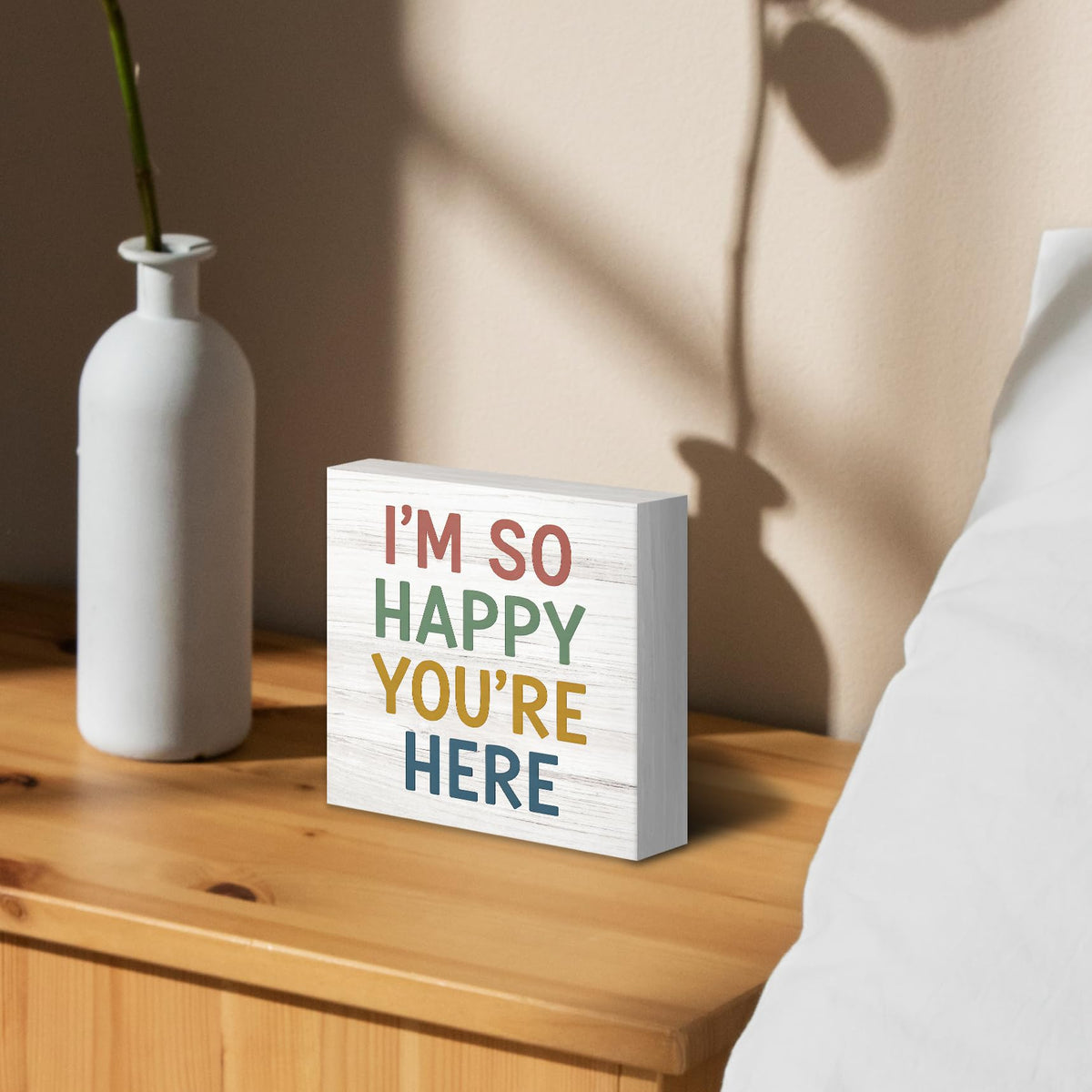 Luipk Boho Classroom Wood Box Sign Desk Decor 5X5, I'm So Happy You're Here Wooden Block Sign Decorations for Kids Nursery Room Bedroom Playroom Classroom Desk Table Wall Tabletop Shelf Decor
