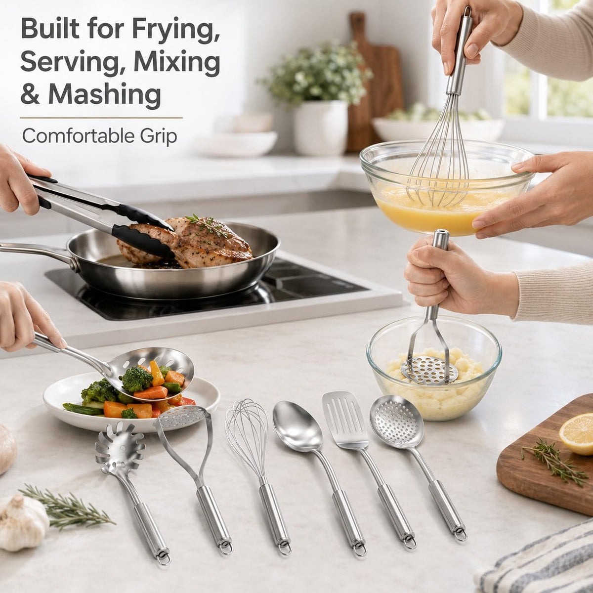 Pleafind Cooking Utensils Set - 9 PCS Stainless Steel Kitchen Utensils Set with Utensil Holder, Heat Resistant Wok Utensils Set, Kitchen Tools Set with Spatula, Ladle, Slotted Spoon, Dishwasher Safe