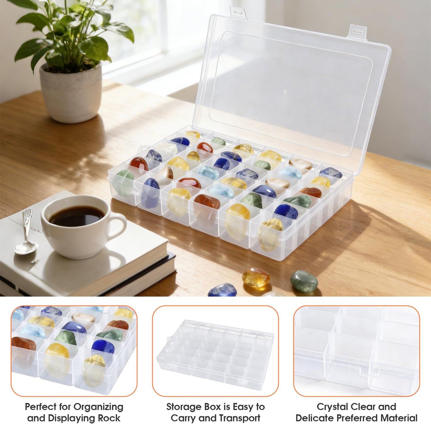 2 Pack Rock Collection Box, 36 Grids Rock Display Case with Adjustable Dividers, Clear Plastic Box Ideal for Rock Collection, Suitable for Crystal, Gemstone, Fossil, Seashells, Jewelry, Beads, Crafts
