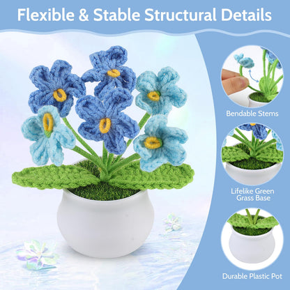 Aeekkya 3pcs Crochet Flowers Pot, Cute Handmade Crochet Flower Desk Decor with Sunflower, Lily of the Valley, Forget Me Not, Gift for Women, Mom, Teacher, Friend, Birthday, Mother’s Day, Thank You