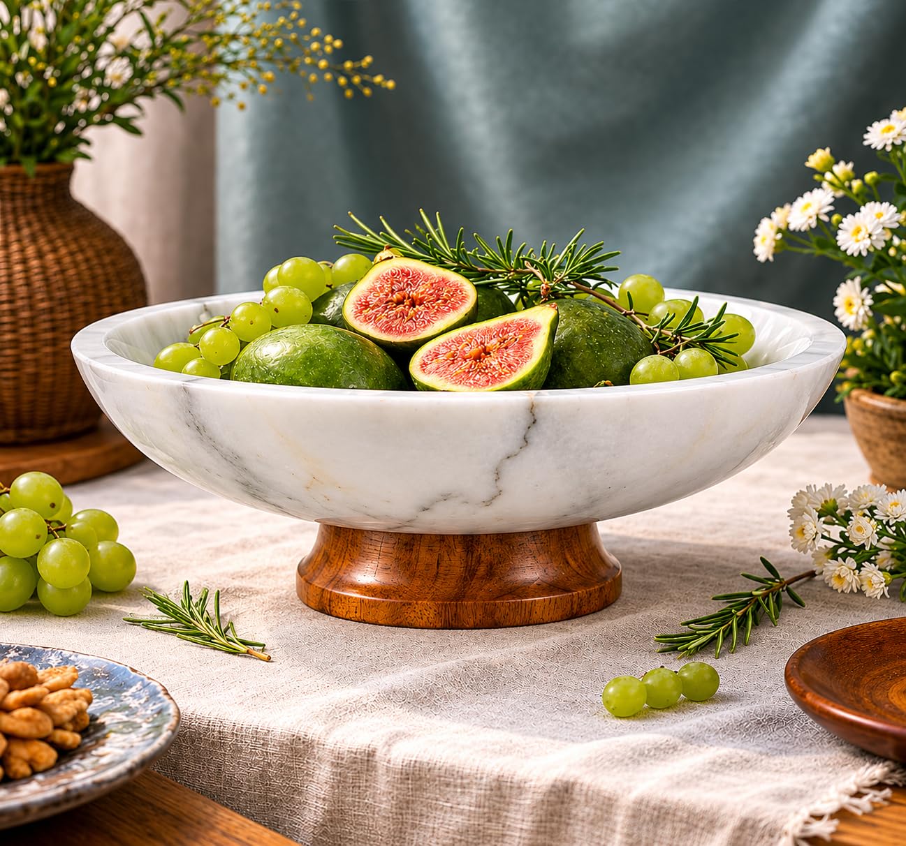 White Marble Fruit Bowl with Pedestal, 11" Large Decorative Centerpiece Bowl for Dining Table, Modern Kitchen Counter Fruit Bowl, Handcrafted Stone Marble Bowl, Luxury Home Decor Accent