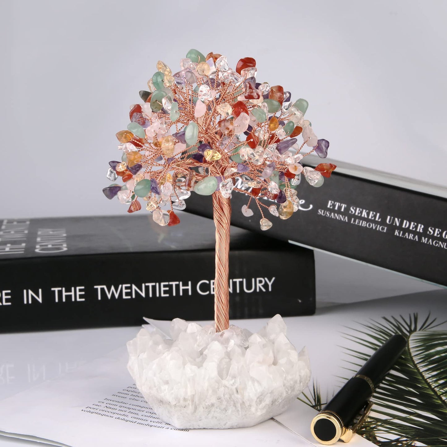 Rockcloud Handmade Crystal Money Tree with Rock Crystal Cluster Base, Gemstone Bonsai Tree for Home Office Decor, Mixed Stones