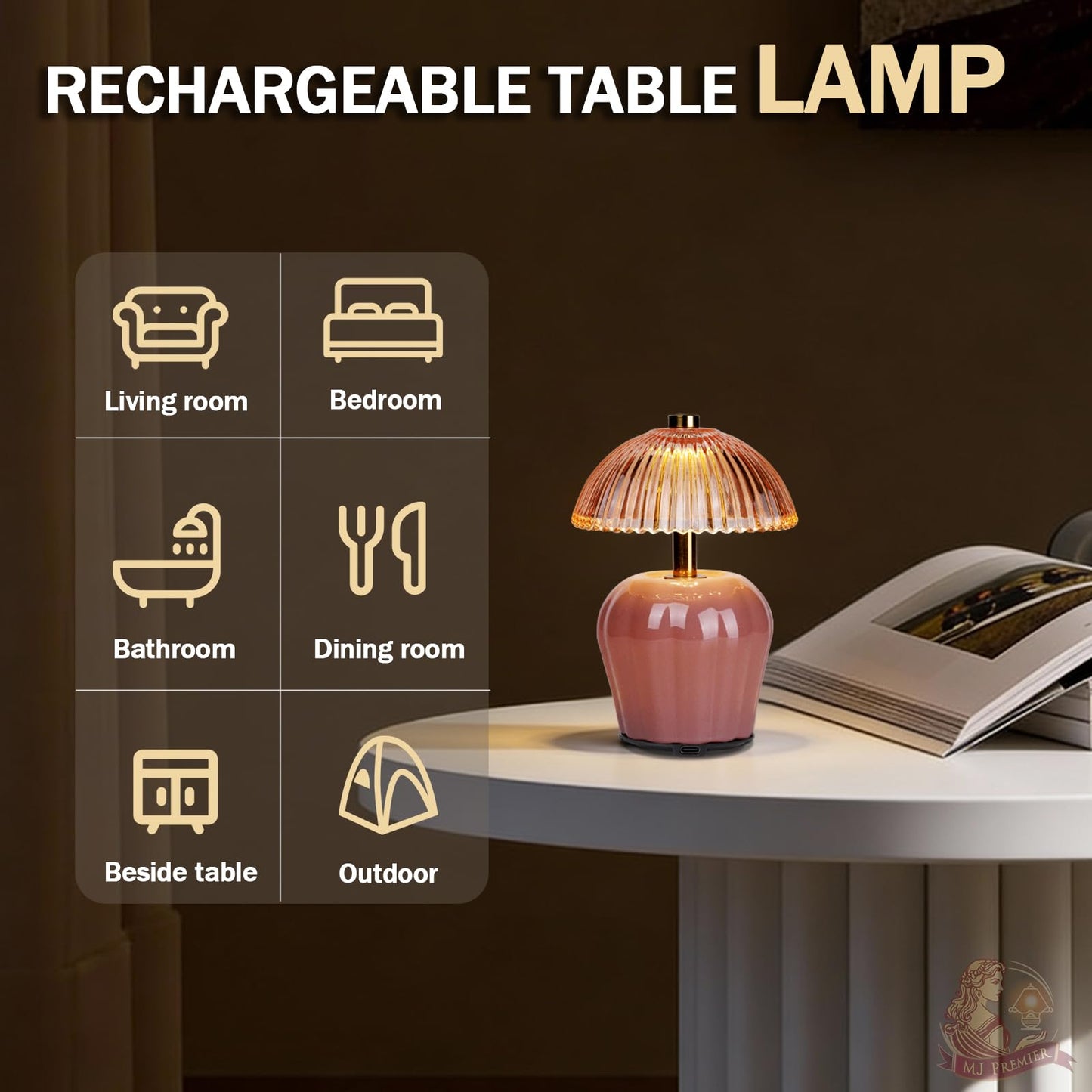MJ PREMIER Rechargeable Table Lamp, Cordless Lamp with Timer, Mini Glass Mushroom Lampshade, Small Table Lamps, Decorative Led Light for Bedroom Living Room Shelf (Pink)