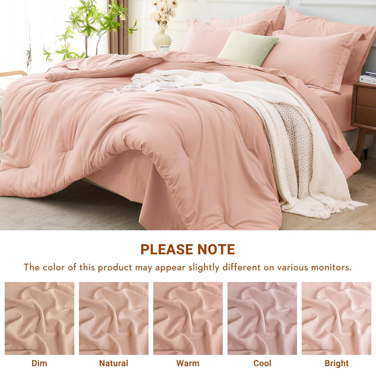 MUXHOMO 7 Pieces Full Comforter Set, Soft Bed in a Bag Full Size, All Season Bedding Set with Comforter, Flat Sheet, Fitted Sheet, Pillowcases & Shams, Rose Gold