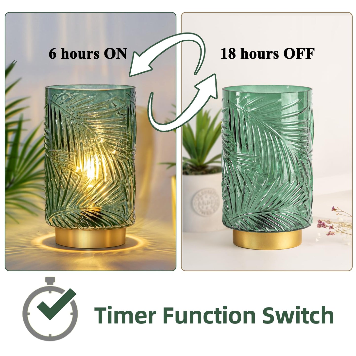 Battery Operated Table Lamp, Cordless Lamps for Home Decor, Battery Powered Nightlight with LED Bulb with Timer, Decorative Lights for Living Room Bedroom Tabletop Entryway Centerpiece Gift(L Green)