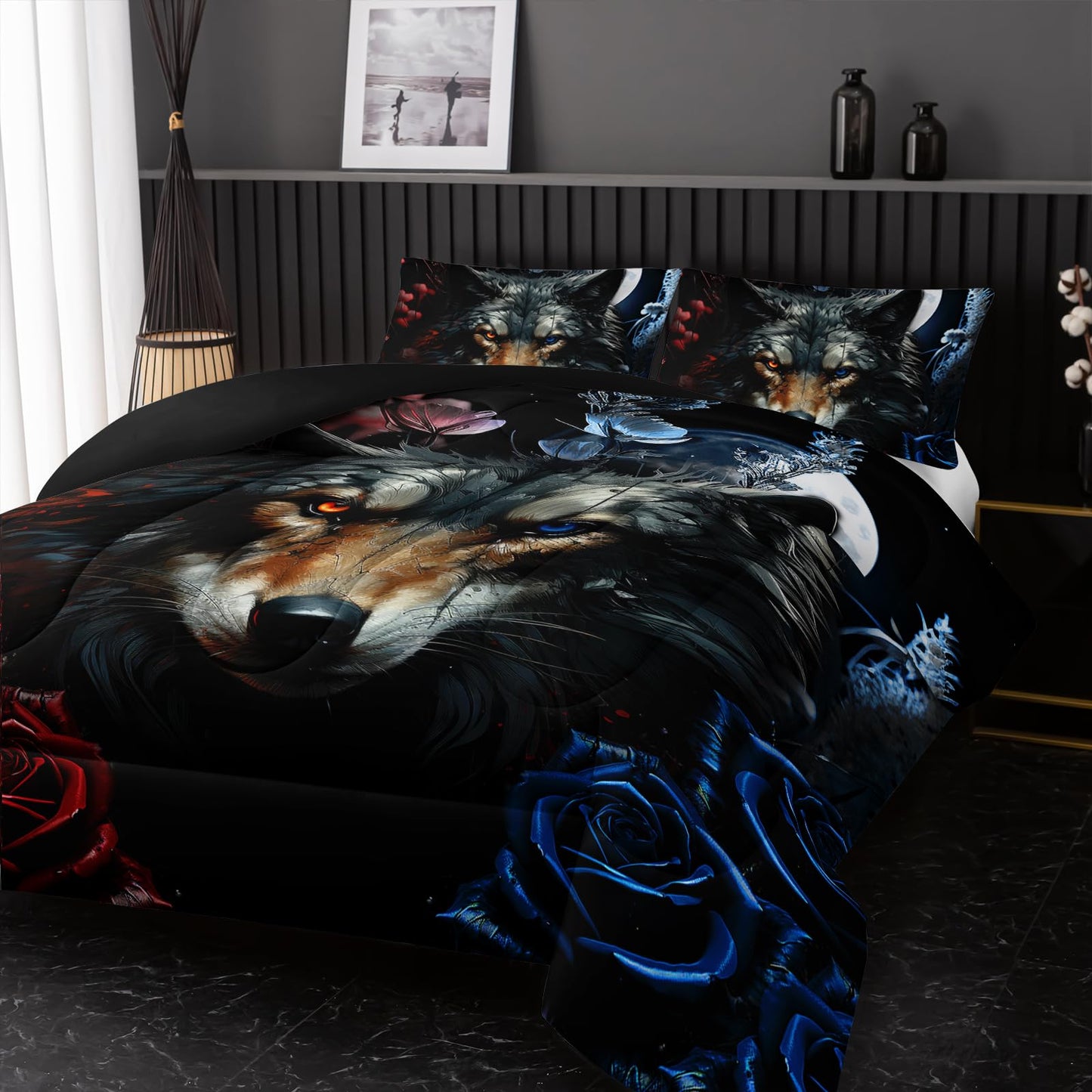 Nttopship Wolf Bedding Set Twin Size,Blue and Red Roses Comforter Set 3 Piece for Girls Boys Kids Teens,Wildlife Bed in a Bag Sets 3D Wild Animal Print Bedding Set Comforter with 2 Pillowcase