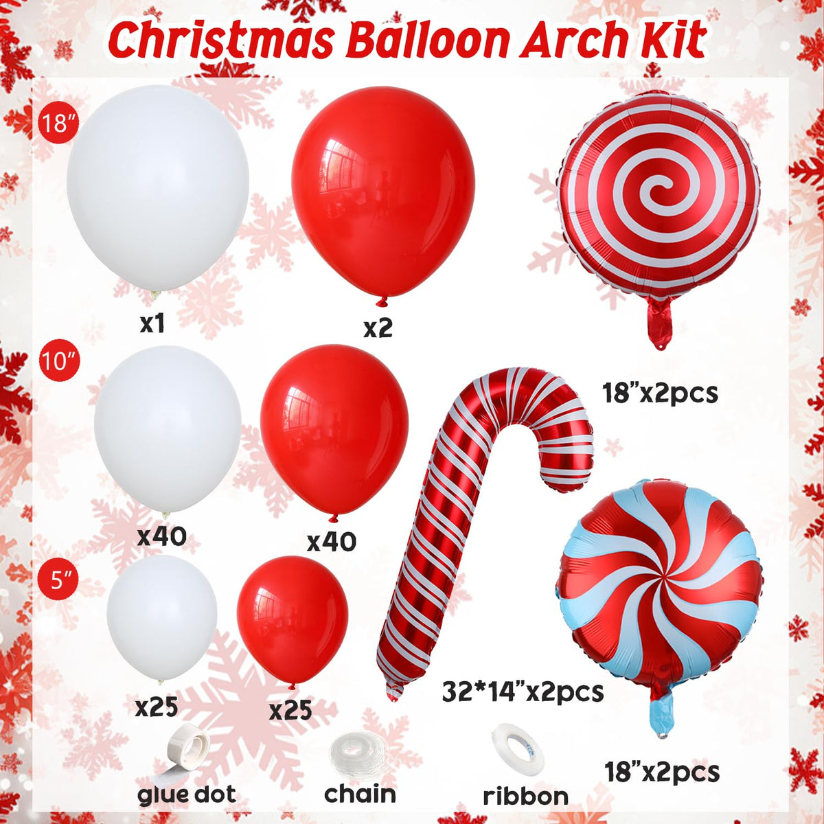 142 Pcs Christmas Balloon Garland Arch Kit with Xmas Red and white Candy Cane foil Balloons, Red White Candy Balloons for Christmas Party Decorations Birthday Supplies