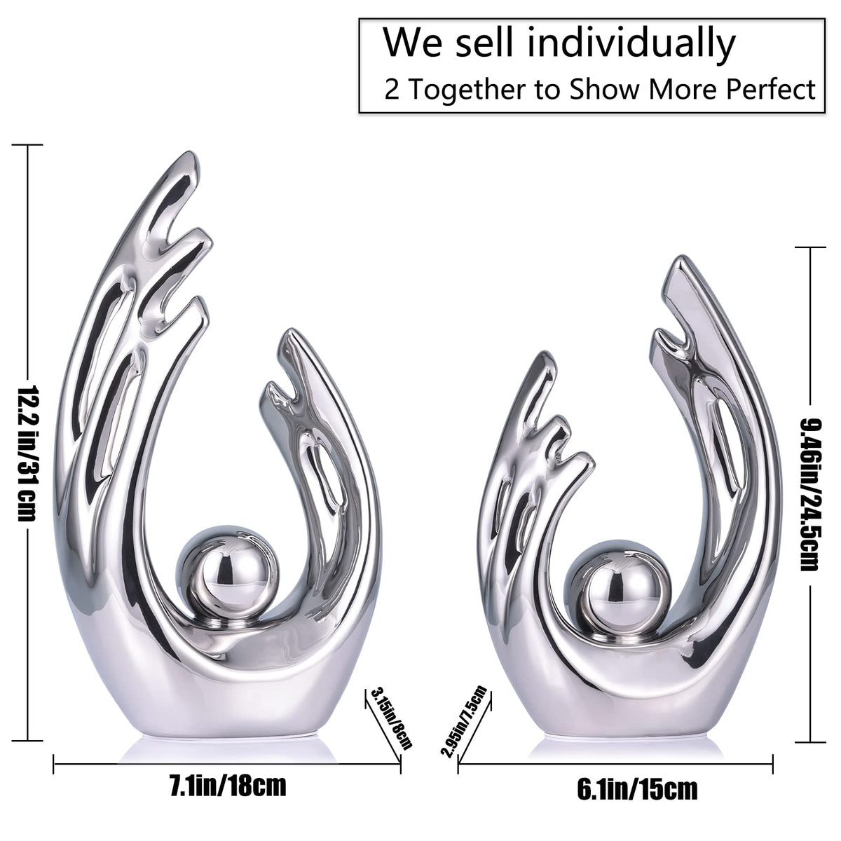 LCCCK 9.5" H Silver Aesthetic Room Decor Accent, TV Stand Funky Table Centerpiece, Abstract Art Ceramic Statue and Sculpture, Silver Decor for Living Room, Bookshelf Decorative Objects, Shelf