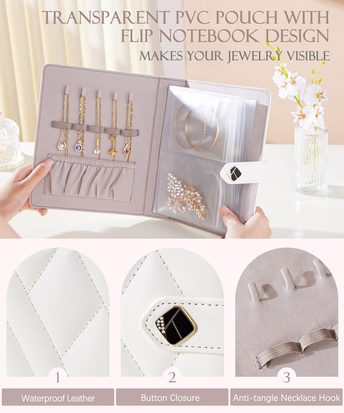 Homde Women Travel Jewelry Box: Storage Case with Plastic Pouches for Ring Necklace Earring - Organizer Gift for Birthday and Valentine's Day