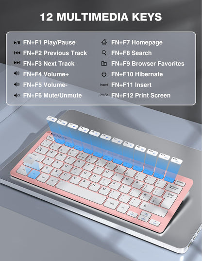 TECKNET Mini Wireless Keyboard and Mouse Set, 2.4G Cordless USB Keyboard and Silent Mouse Comb with Nano USB Receiver, 12 Multimedia Shortcuts for Computer, PC, Laptop, Desktop, Pink