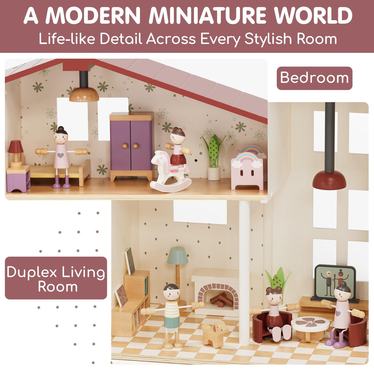 Lehoo Castle Wooden Dollhouse for Girls, Realistic Doll House with 5 Rooms & 38 Accessories, DIY Pretend Play Dream Dollhouse with Doll and Furniture, Ideal Creative Gift for Ages 3+