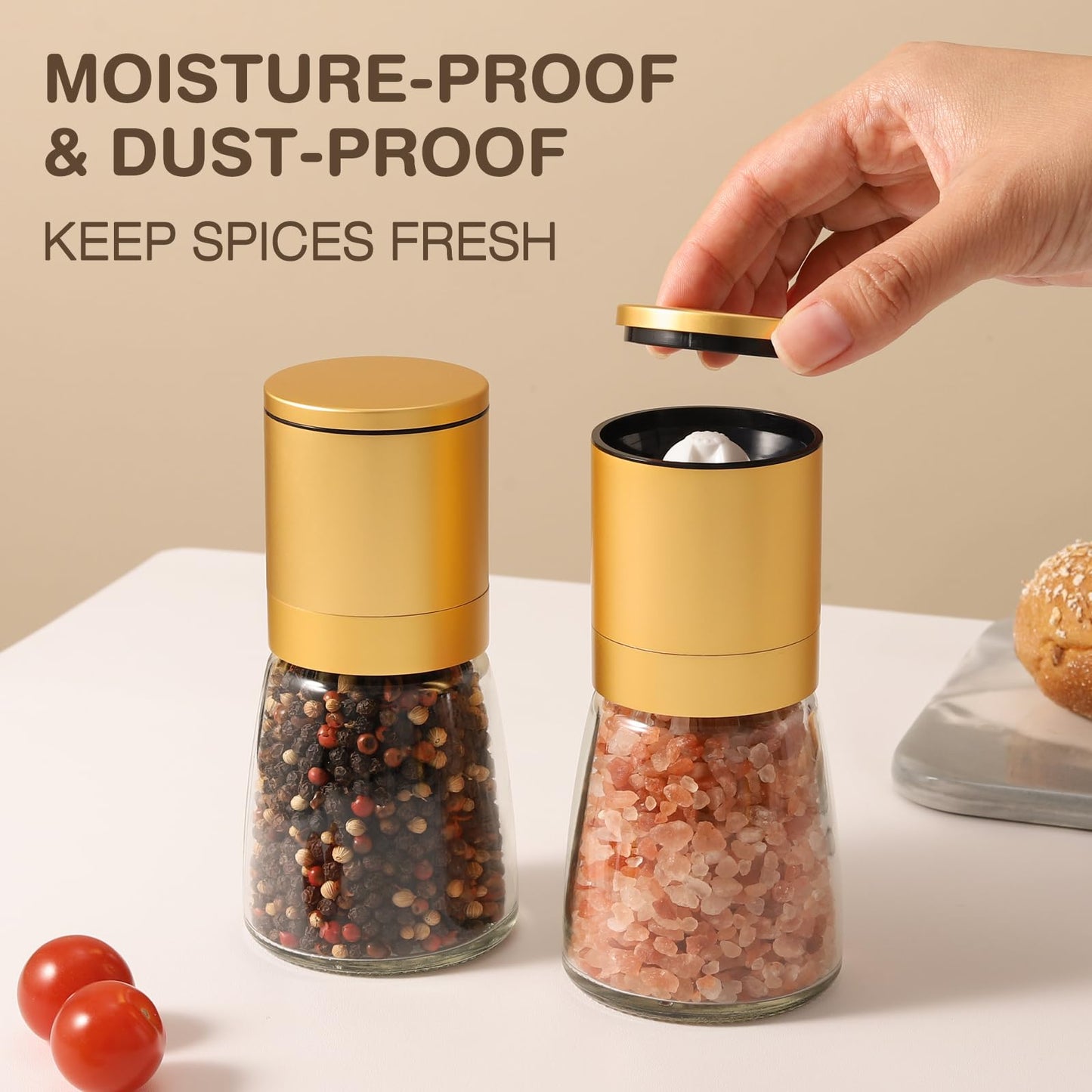 Vucchini Gold Salt and Pepper Grinder Mill - Adjustable Coarseness Ceramic Brass Spice Grinder Shaker - Refillable Glass Pepper Grinders for Home Golden Kitchen Accessories
