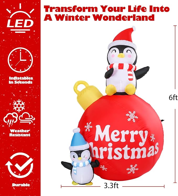 Vigdur Christmas Penguin Inflatable, 6FT Xmas Blow Up Holiday Ball Decoration with LED Lights, Outdoor Christmas Penguin Decoration for Yard Garden Lawn Winter Holiday Supplies Décor
