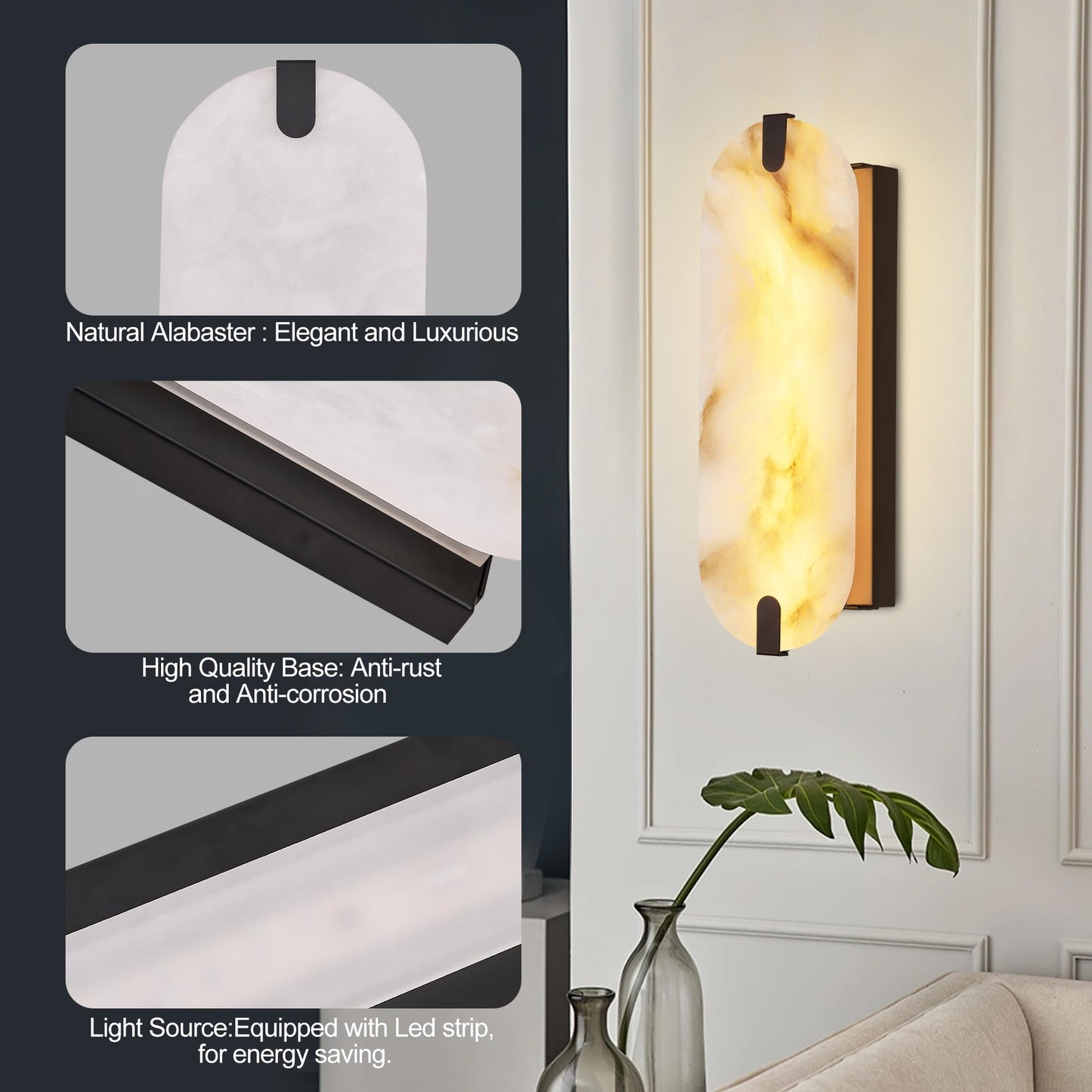 DLUCE 14.17in Alabaster Wall Sconces, Natural Marble Wall Light, Modern LED Alabaster Sconces for Living Room Indoor Wall Lamps for Dining Room Stairs Bedroom,Black