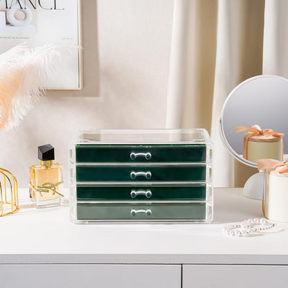 Lolalet Earring Holder Organizer Box Jewelry Storage with 4 Drawers, Clear Acrylic Stackable Earring Case with Adjustable Velvet Trays for Women on Dresser Vanity -Emerald, 4 Layers
