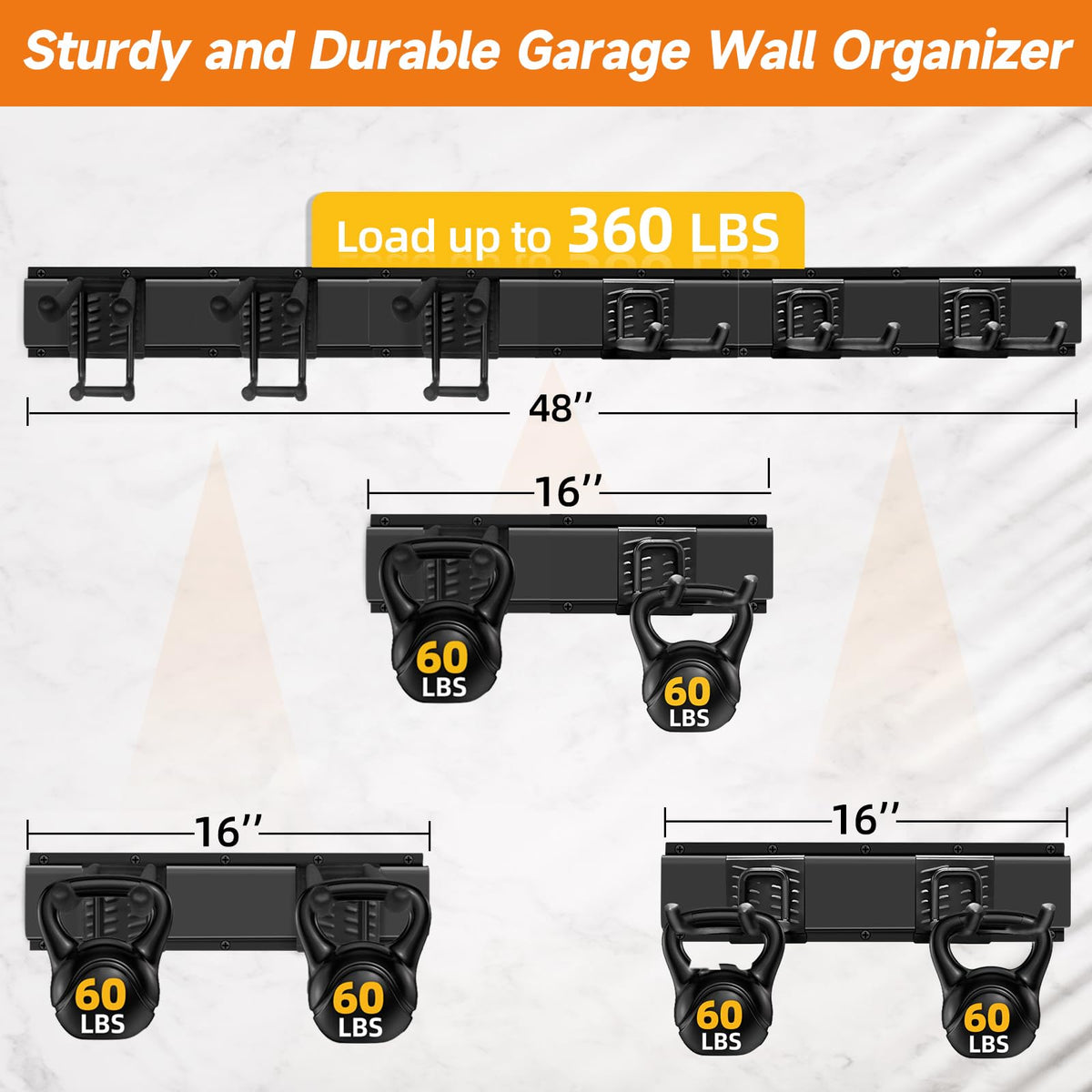 WEZAFO Garage Tool Organizer Wall Mount, Heavy Duty 48 Inches Garage Organization and Storage Racks for Yard Tools with 6 Hooks, Tool Hangers Holders for Hanging Folding Chair, Rake and Shovel