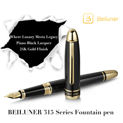 BEILUNER 315 Black Fountain Pen,Stunning Luxury Pens with 24K Gold Accents, Gorgeous 24K Gilded Nib(Fine), Ink Converter,Fancy Pen Gift for Men&Women-Elegant, Office, Graduation, Nice Design