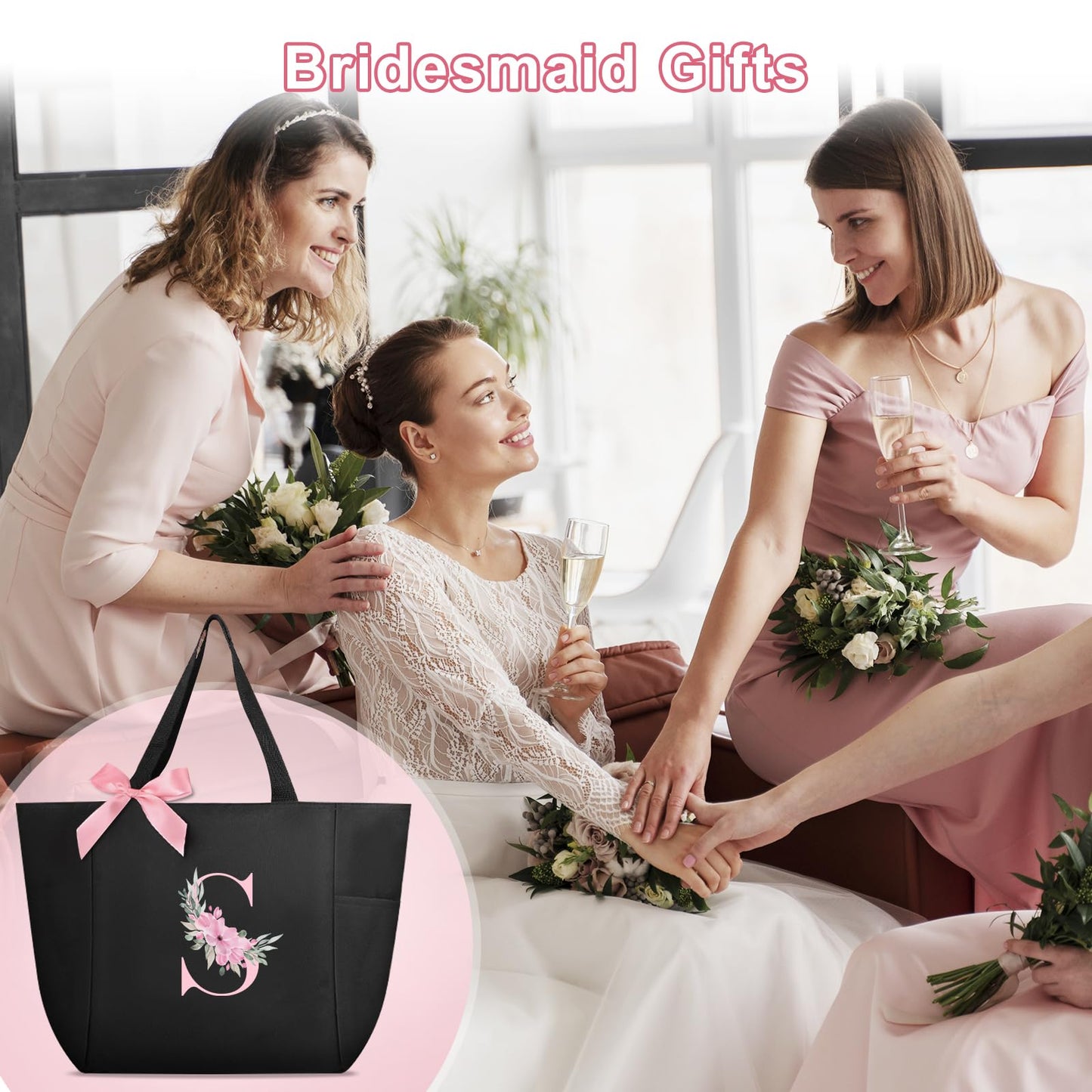 Vavabox A-Z Initial Personalized Tote Bag,Waterproof Gifts for Women, Bridesmaids,Mom,Teachers,Friends (S, Black)