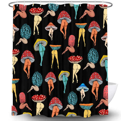 Uokiuki Funny Mushroom Butt Shower Curtain, Fun Cute Sexy Butt 70S 80S Fabric Shower Curtains for Bathroom Hippie Psychedelic Aesthetic Colorful Unique Cool Cloth Black Shower Curtain Set 70X70IN