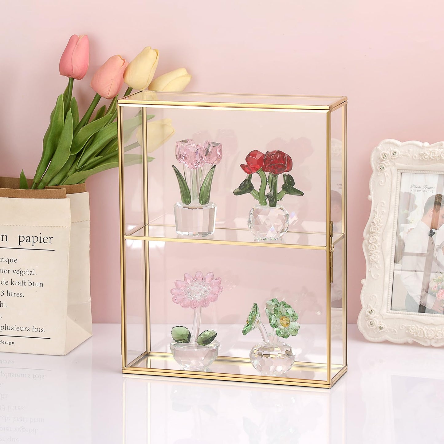 JUXYES 2 Tiers Tabletop Glass Small Figurine Display Case for Collectibles with Latch Door, Modern Clear Hobby Display Case Box with Mirror Bottom, Gold Dust Proof Case for Figurines Trinket Crystal