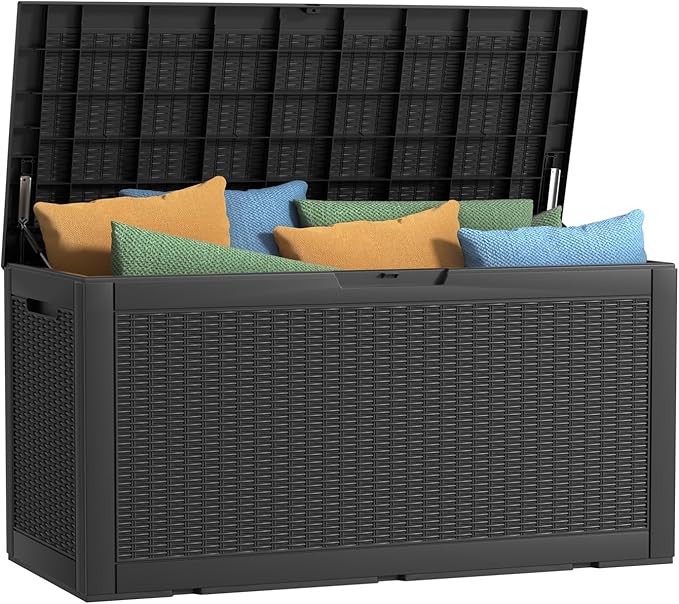 120 Gallon Outdoor Deck Box, Lockable Waterproof Outdoor Storage Boxes For Garden Tools,Indoor Cushions,Accessories Outside Storage Resin Weatherproof Container(Black)