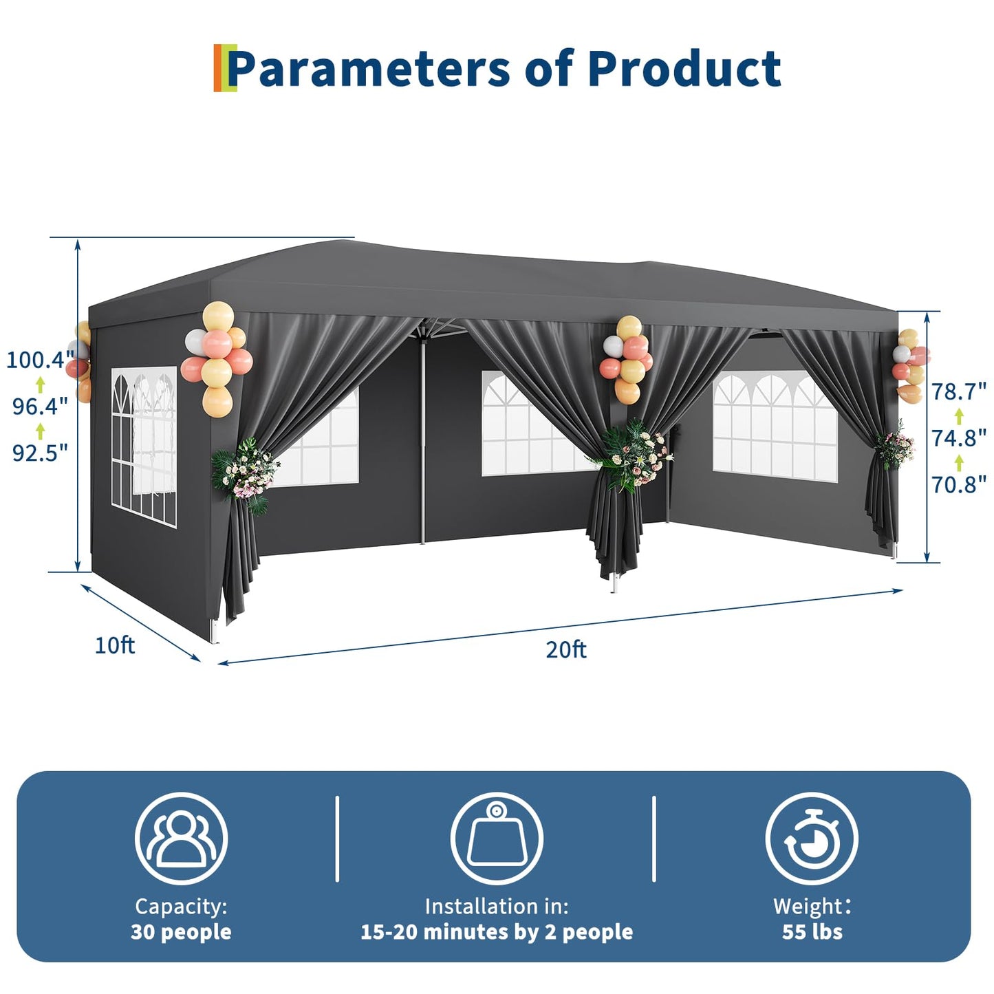 Garvee 10x20 Pop Up Canopy Tent with 6 Removable Sidewalls, Easy Up Commercial Canopy Tents for Parties, Large Heavy Duty Outdoor Canopies with 3 Adjustable Heights, Stakes X18, Ropes X6, Grey