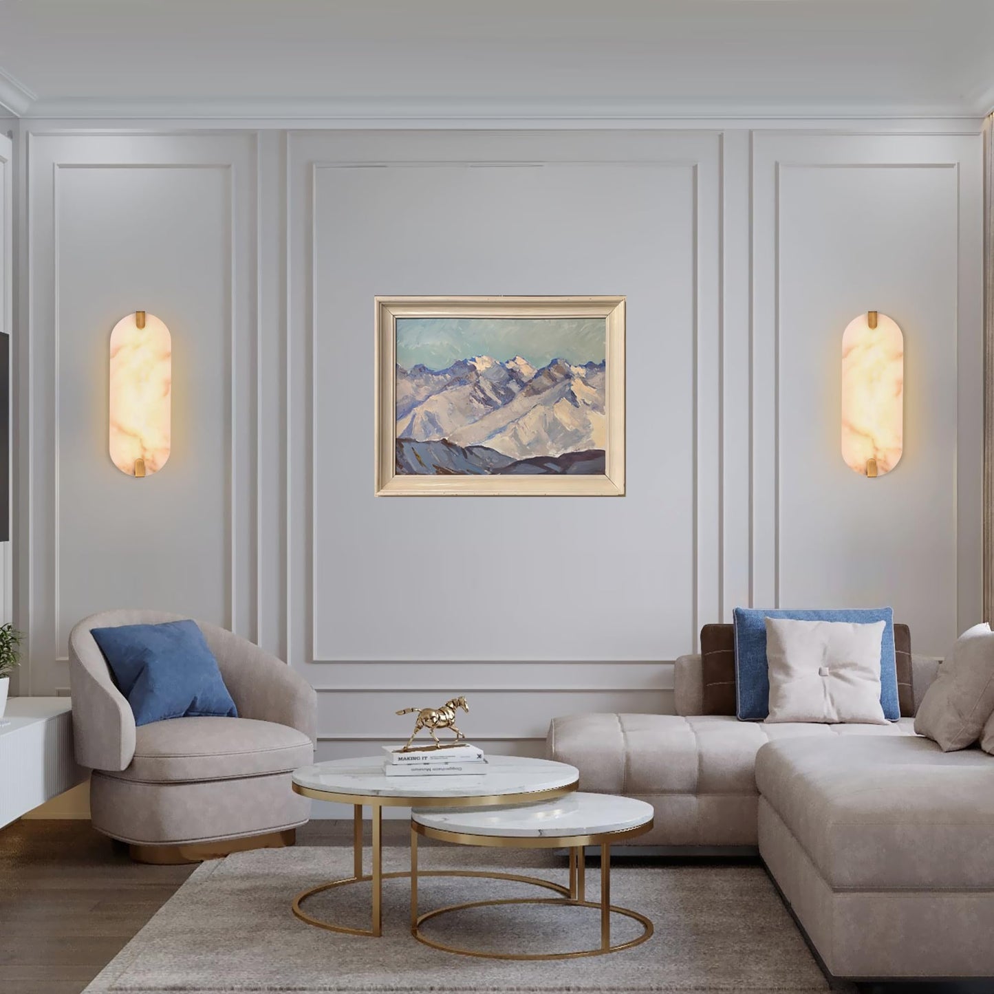 DLUCE 14.17in Alabaster Wall Sconces, Natural Marble Wall Light Set of Two, Modern LED Alabaster Sconces for Living Room Indoor Wall Lamps for Dining Room Stairs Bedroom,Brushed Gold