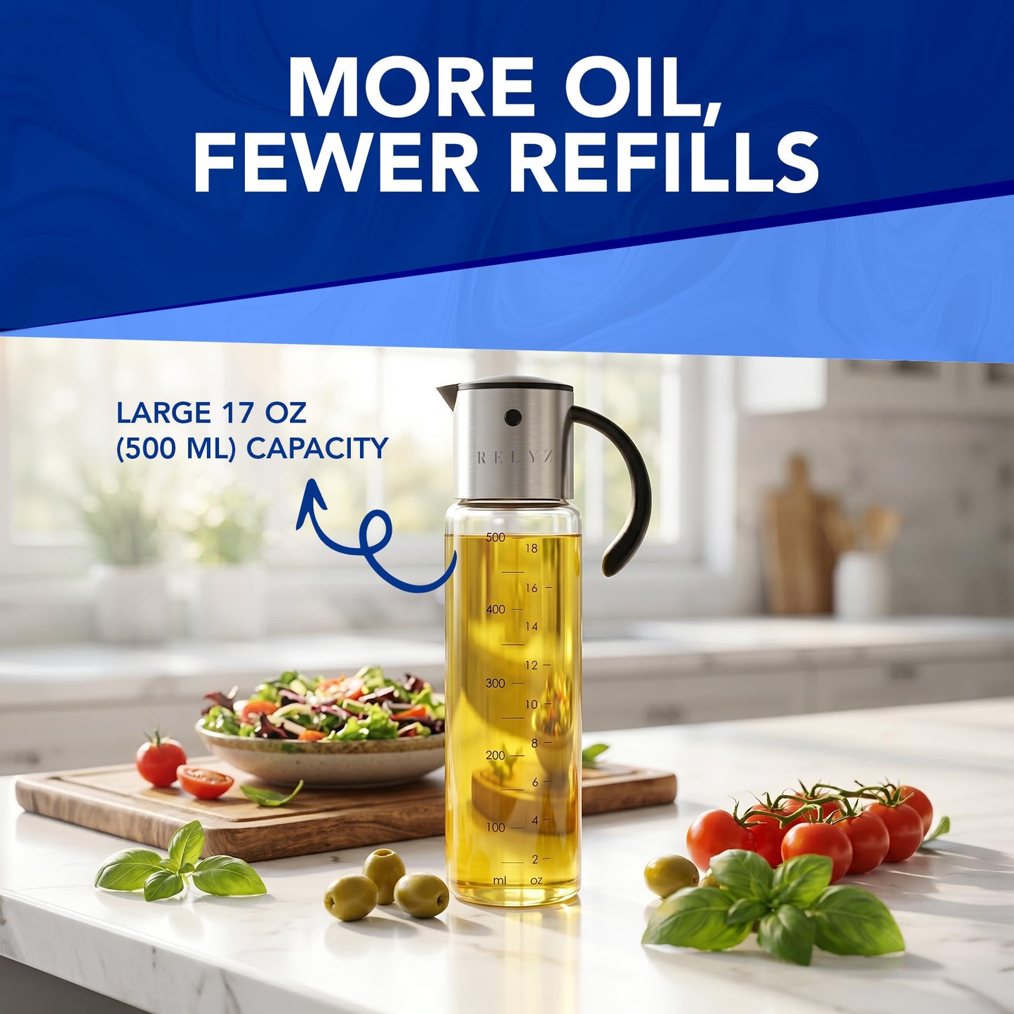 Large Glass Olive Oil Dispenser for Kitchen Cooking, Big 17oz Salad Dressing Container, Soy Sauce Bottle - Leakproof No Drip Stainless Steel Metal Pour Spout, Clear Measuring Markings, Dishwasher Safe