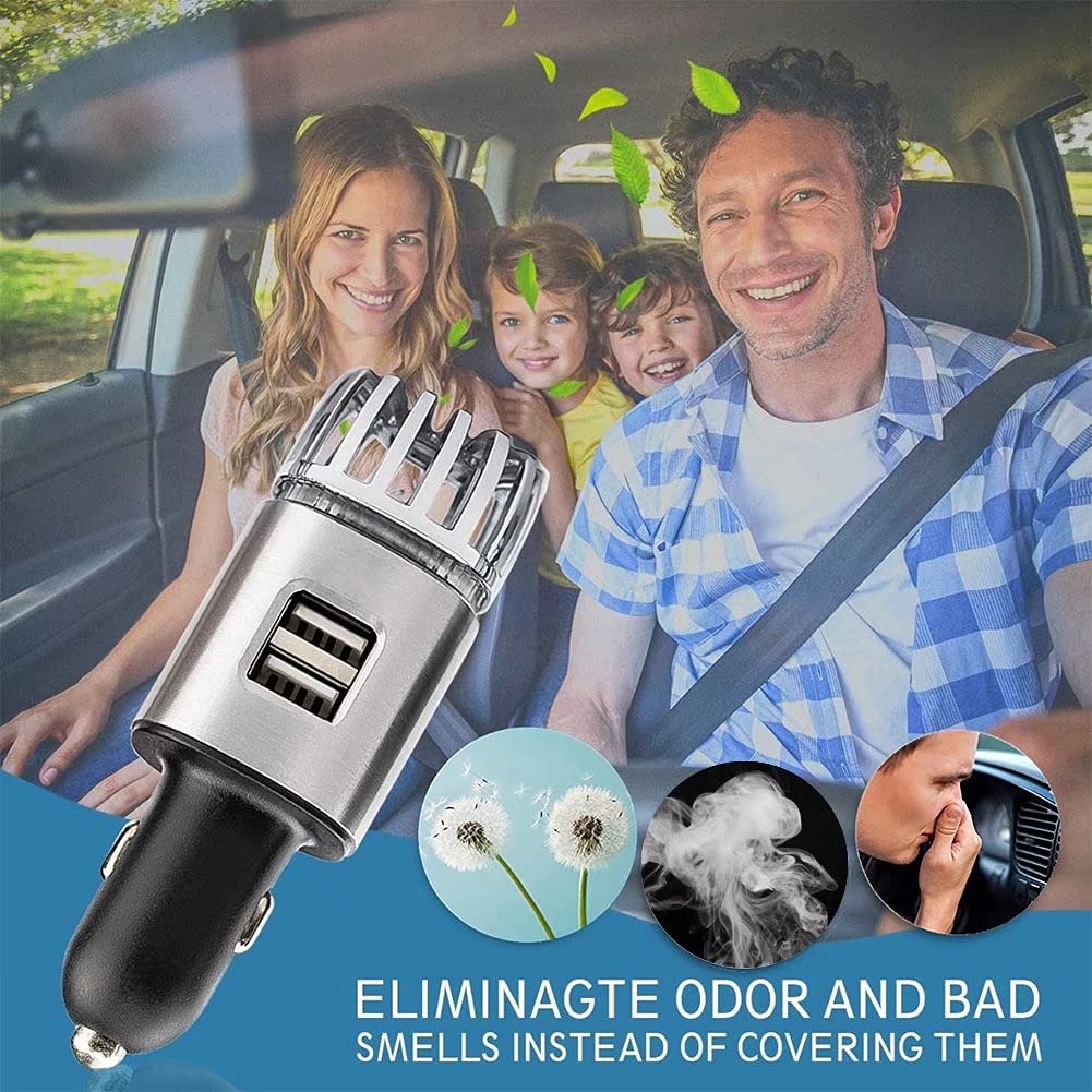 Car Air Purifier Ionizer, 12V Plug-in Car Air Freshener Gadgets with Dual USB Charger Removes Cigarette Smoke, Pet and Food Odor, Ionic Ozone (Silver)