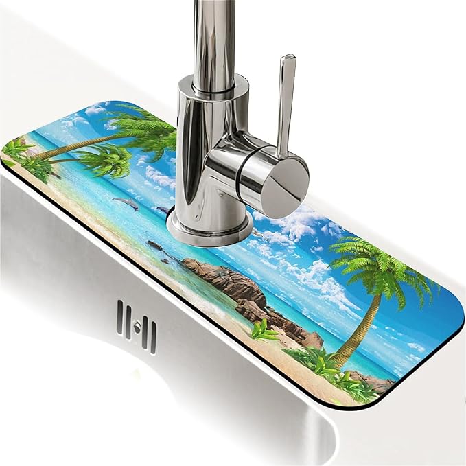 Kitchen Sink Splash Guard，Summer coconut Beach dolphins Faucet Mat Sink