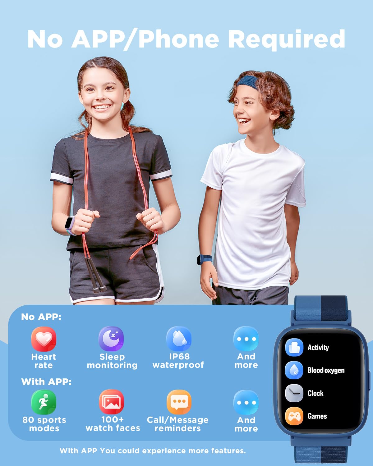 BIGGERFIVE Kids Smart Watch, 1.8" Fitness Watch Pedometer, Heart Rate, IP68 Waterproof, Sleep Tracker, Calorie Step Counter, 5 Puzzle Games with/without APP for Girls Boys Teens 5-16, Nylon