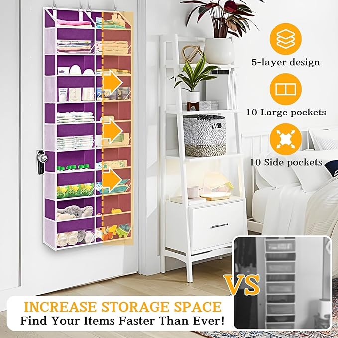 Over The Door Organizer 5 Tiers, Extra Large Behind Door Storage of 10