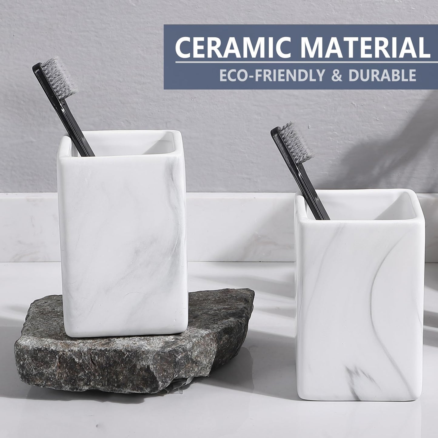 Marble Square Toothbrush Holders - Ceramic Tooth Brushing Holders, Toothbrush Cup, Toothpaste Organizer for Bathroom Countertop, Makeup Brush Holder, Pen Holder for Home Desktop Storage