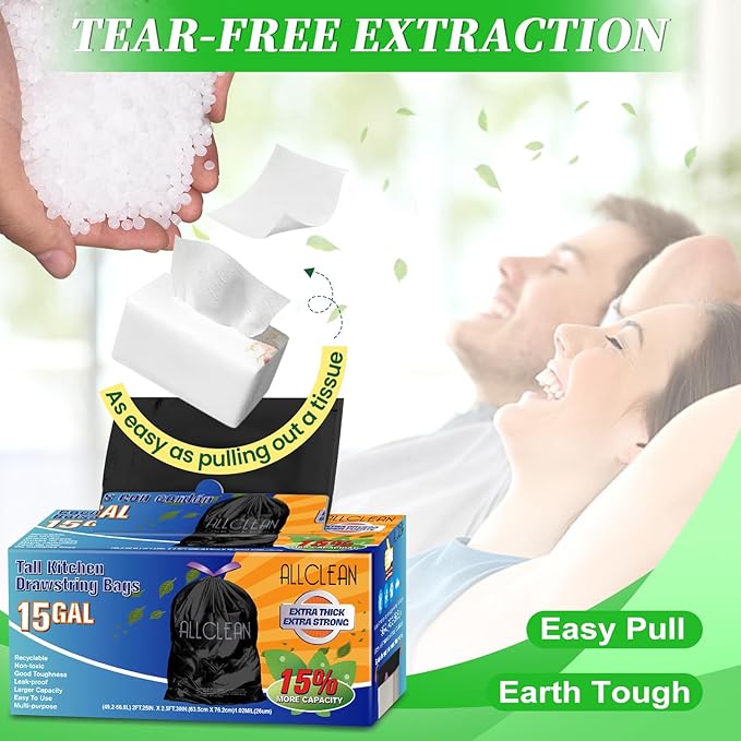 Trash Bags 15 Gallon Tall Kitchen Drawstring Garbage Bags, Fit 13-15 Gal Bins